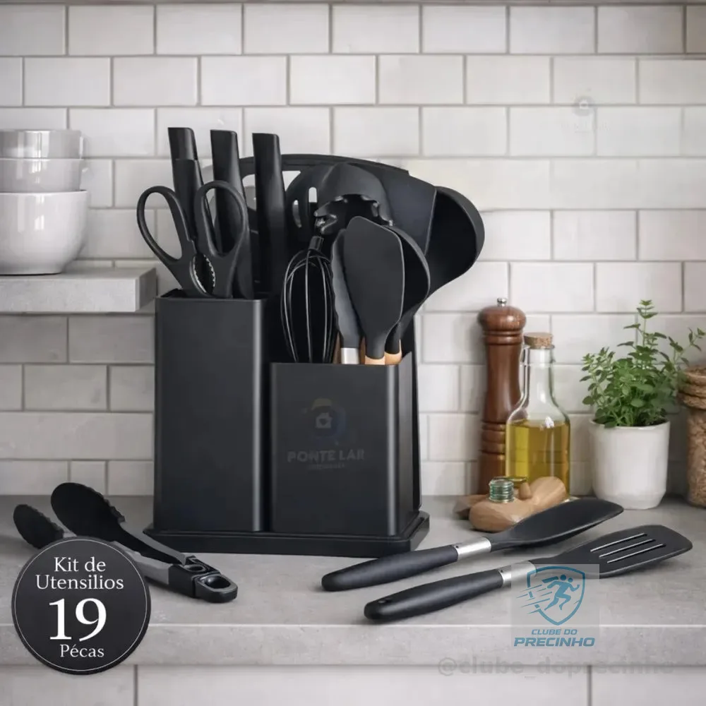 Kit 19 Utensílios De Cozinha Em Silicone Cabo De Madeira Completo Resistente Ao Calor Livre De BPA Para Panelas Antiaderentes Com Suporte Tabua De Corte Espátulas Colheres Preto Ponte Lar Utilidades