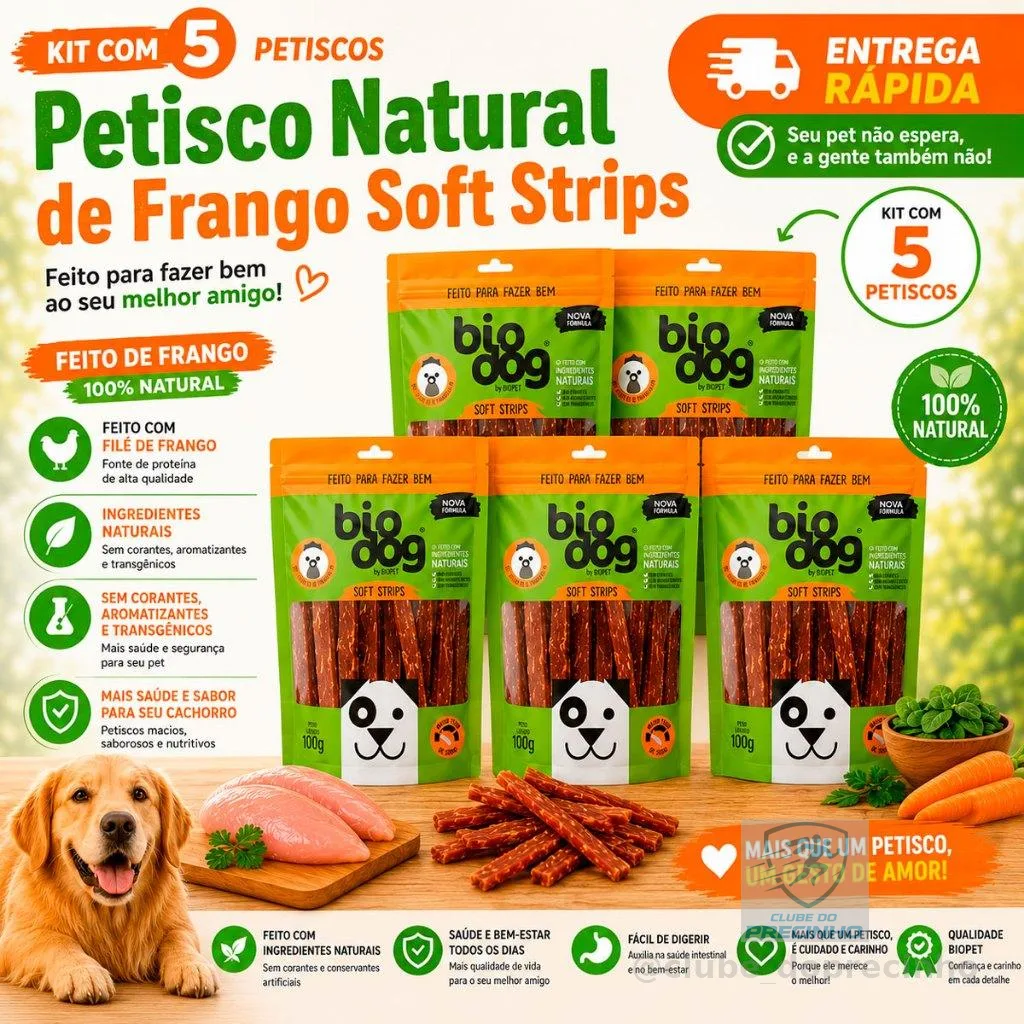Kit 5 Bifinho Petisco Natural Snack Biscoito Cães Biodog Mordedor Gourmet Soft Strips Frango