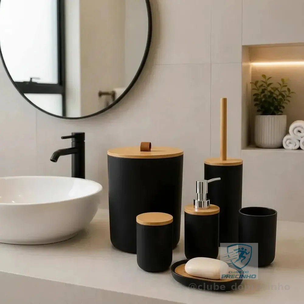 Kit Acessórios Banheiro 6 Peças Lixeira Escova Sanitária Dispenser Sabão Líquido Porta Escova Dente Saboneteira Cor Preto