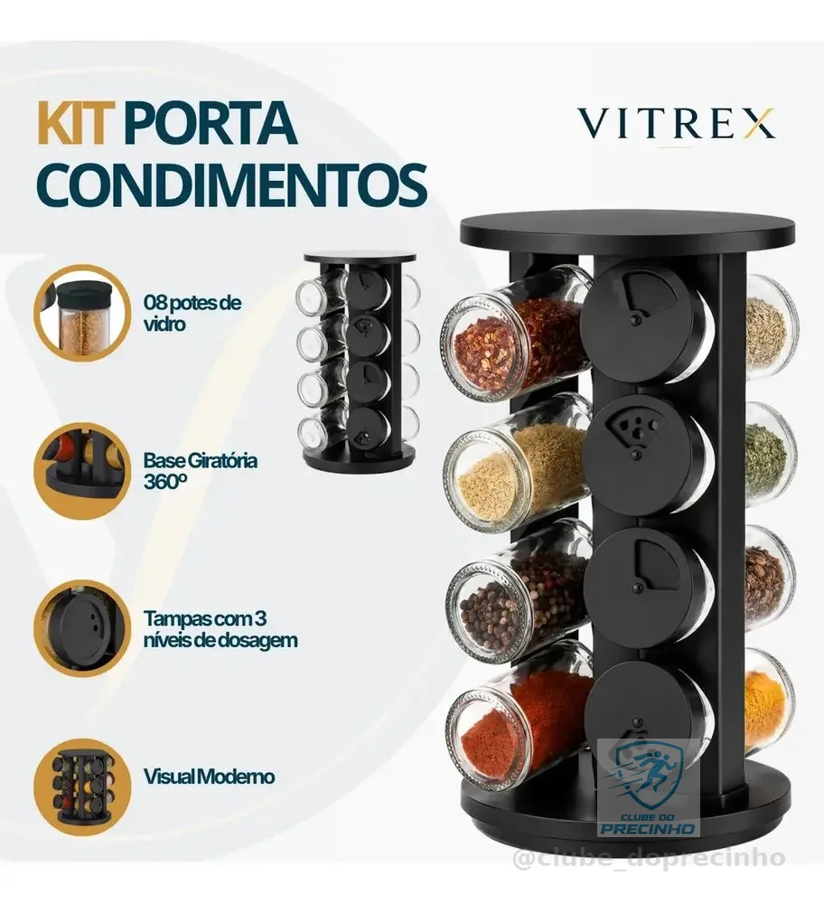 Kit Porta Condimentos Vitrex 8 Potes Em Vidro Preto Com Base Giratória
