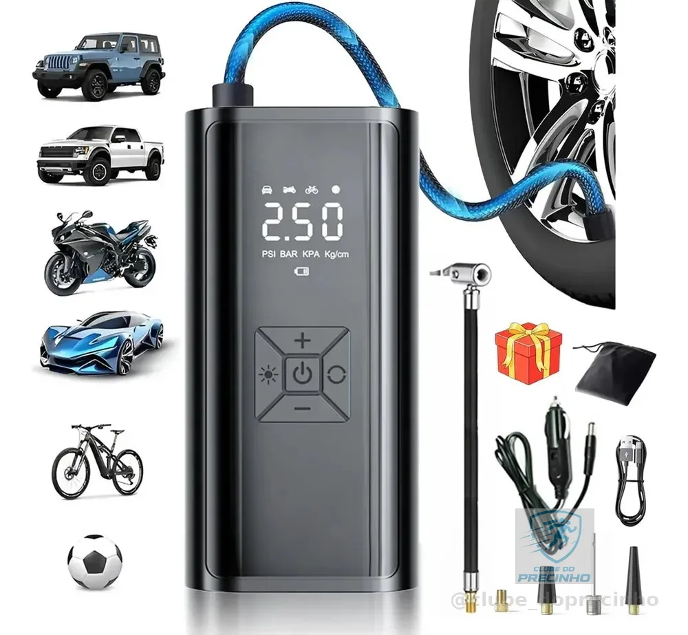 Mini Compressor Ar Calibrador Encher Pneu 150 Psi 34 L/min Led E Display Preto Portátil Digital Sortido Com Luzes Led Sos Emergência Encher Pneu Bomba De Ar 127/220v Para Carro Moto Bicicleta E Bola