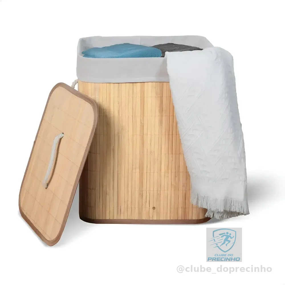 Cesto De Roupa Suja De Bambu Com Tampa E Alças 50 Litros Kontuz