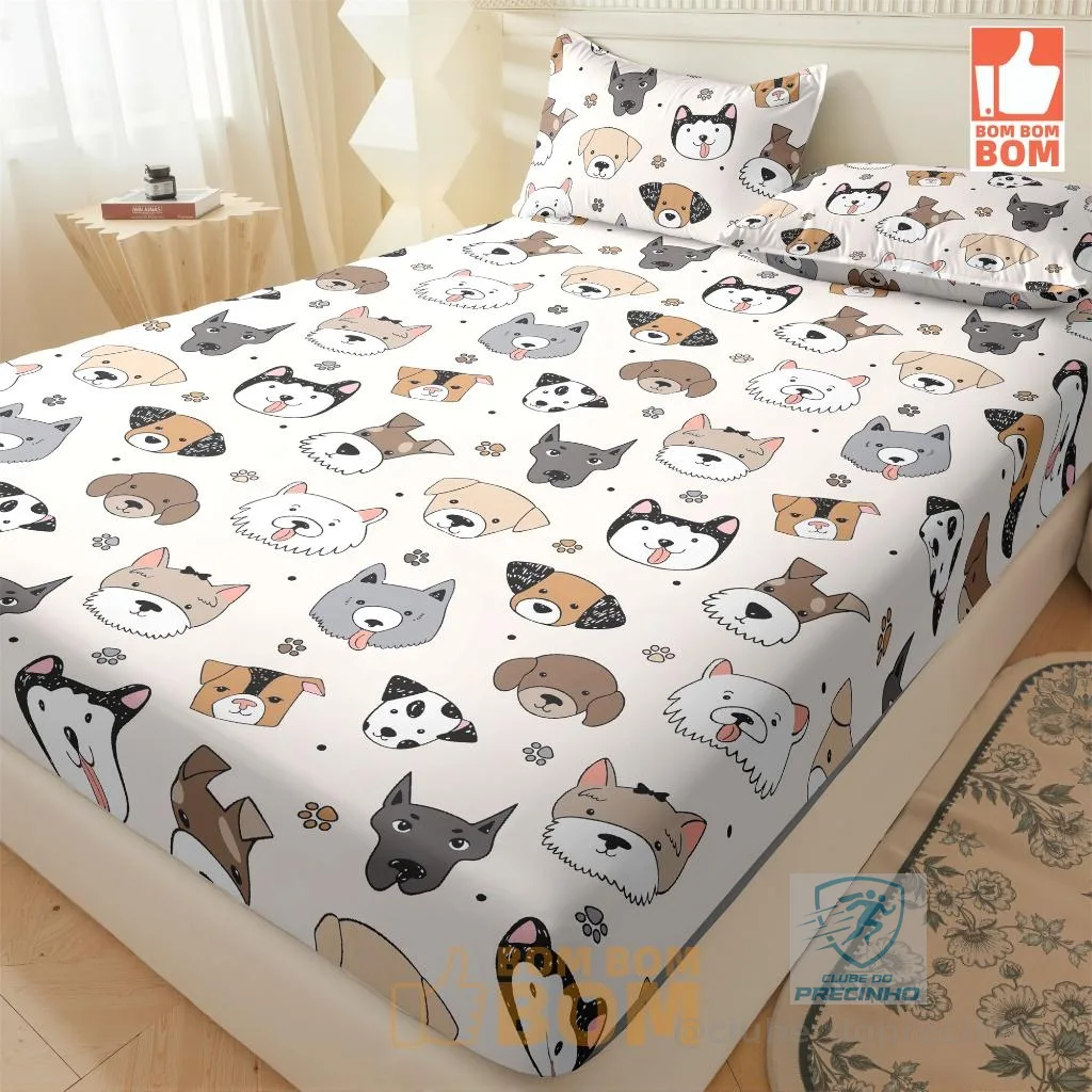 Cachorro fofo Jogo de lençol com 02 e 03 Peças Casal Queen Não Desbota Conjunto de Capa de Colchão Solteiro