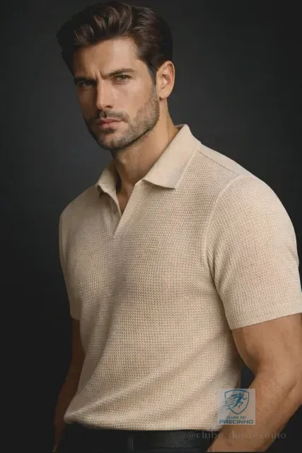 Camisa Camiseta Polo Masculina Texturizada Sem Botão