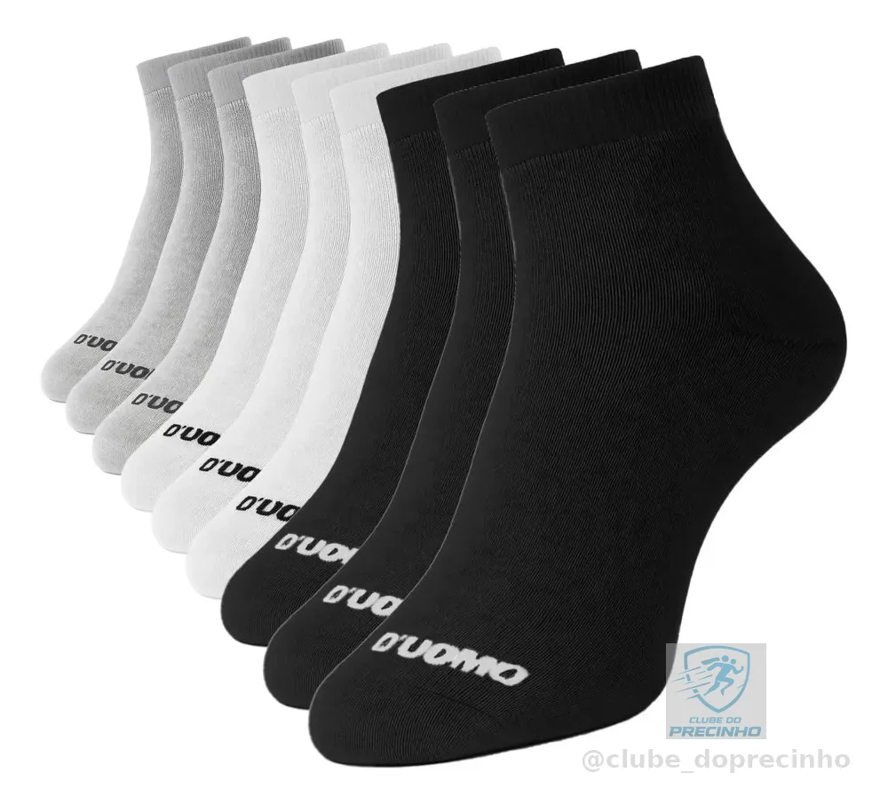 Kit 9 Pares Meia Cano Médio Algodão Macio Masculina Duomo 3 Brancas - 3 Cinzas - 3 Pretas Masculina Esportiva Toque Macio 39-44 Meia Academia Meia Esportiva