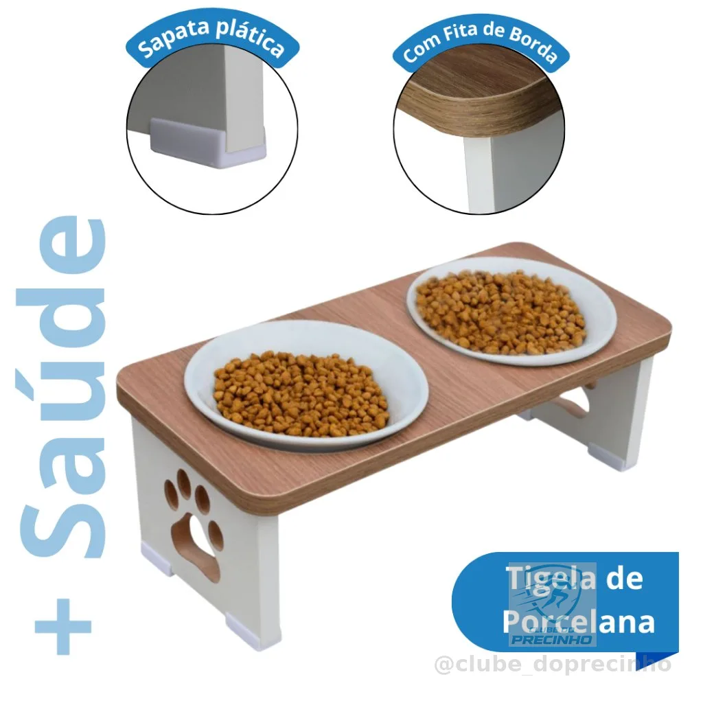 Comedouro Cachorro Duplo Elevado Ergonômico MDF Ração Água Sustentável Pet