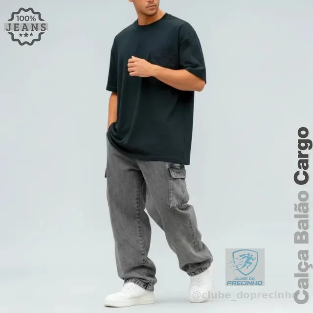 Calça Jeans Cargo Masculina Streetwear Preta Mescla 34 Ao 44