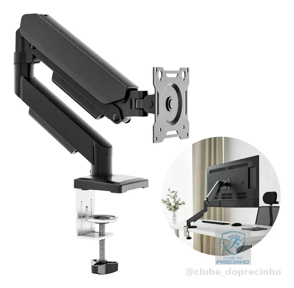 Suporte Para Monitores Articulado De Mesa Pistão A Gás 13-32 Preto Com Pintura Eletrostástica