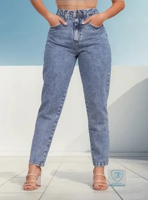 Calça Mom Jeans Feminina Cintura Alta Marmorizada