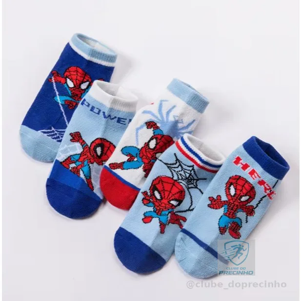 Kit 5 Pares de Meias Infantis Homem-Aranha | Crianças de 1 a 3 Anos | Cano Curto | Confortáveis Divertidas | Spider Man