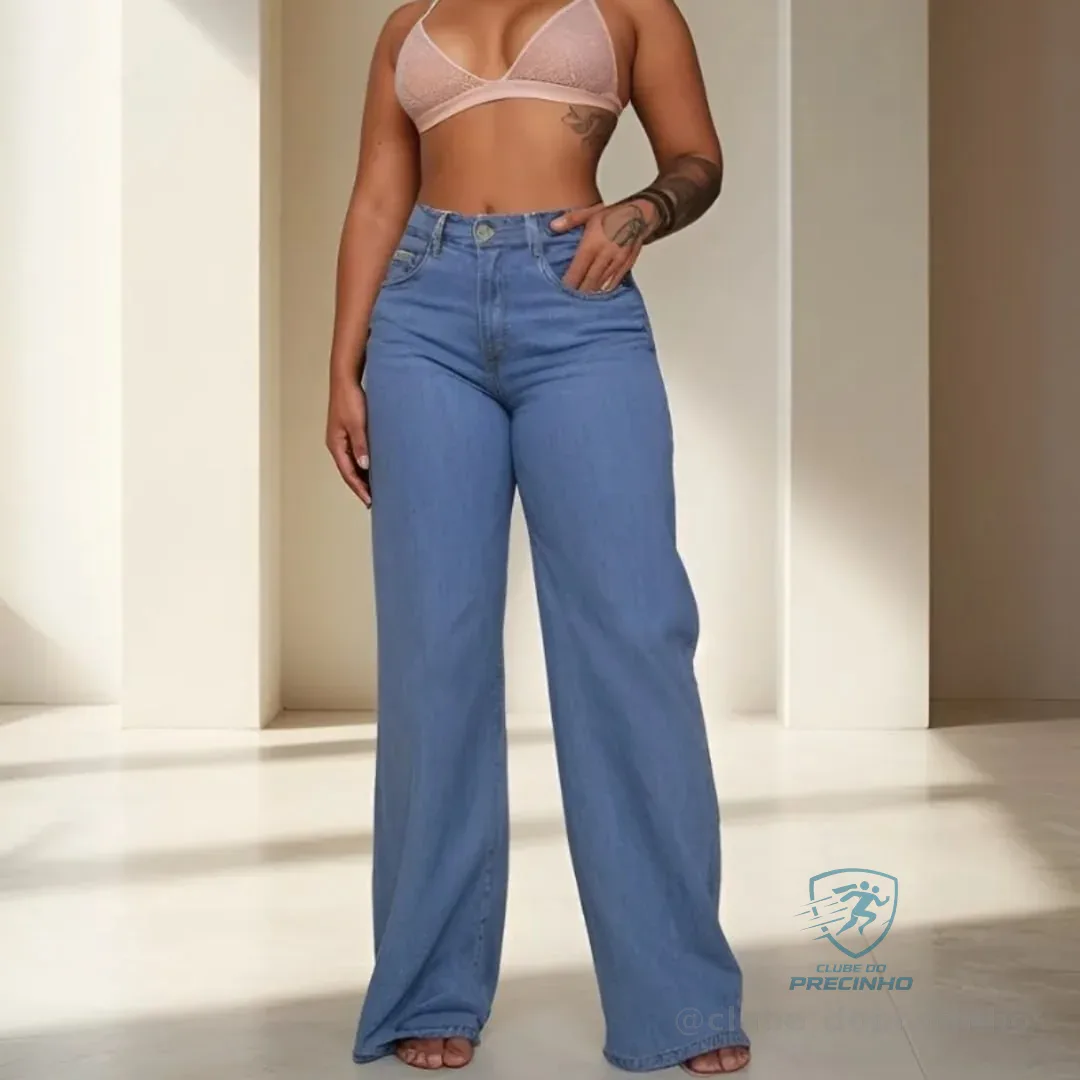 Calça Wide Leg Jeans Feminina Cintura Alta Levanta Bumbum
