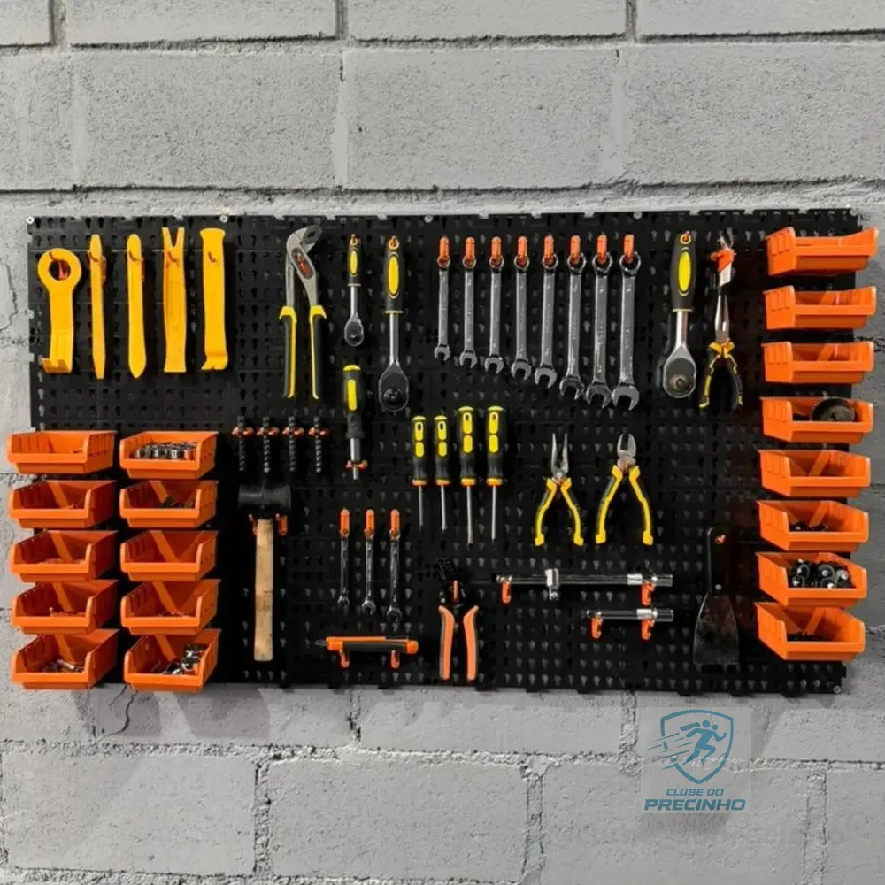 Painel Ferramentas Organizador Perfurado 118x69 + Brindes Preto Com Laranja