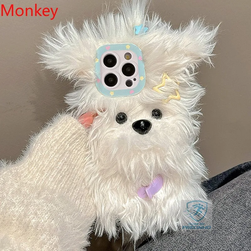 Bonito Fofo Pelúcia Arco Filhote De Cachorro Peludo Caso De Telefone Para iPhone 16 Pro Max 15 14Plus 13 12 11 Inverno P