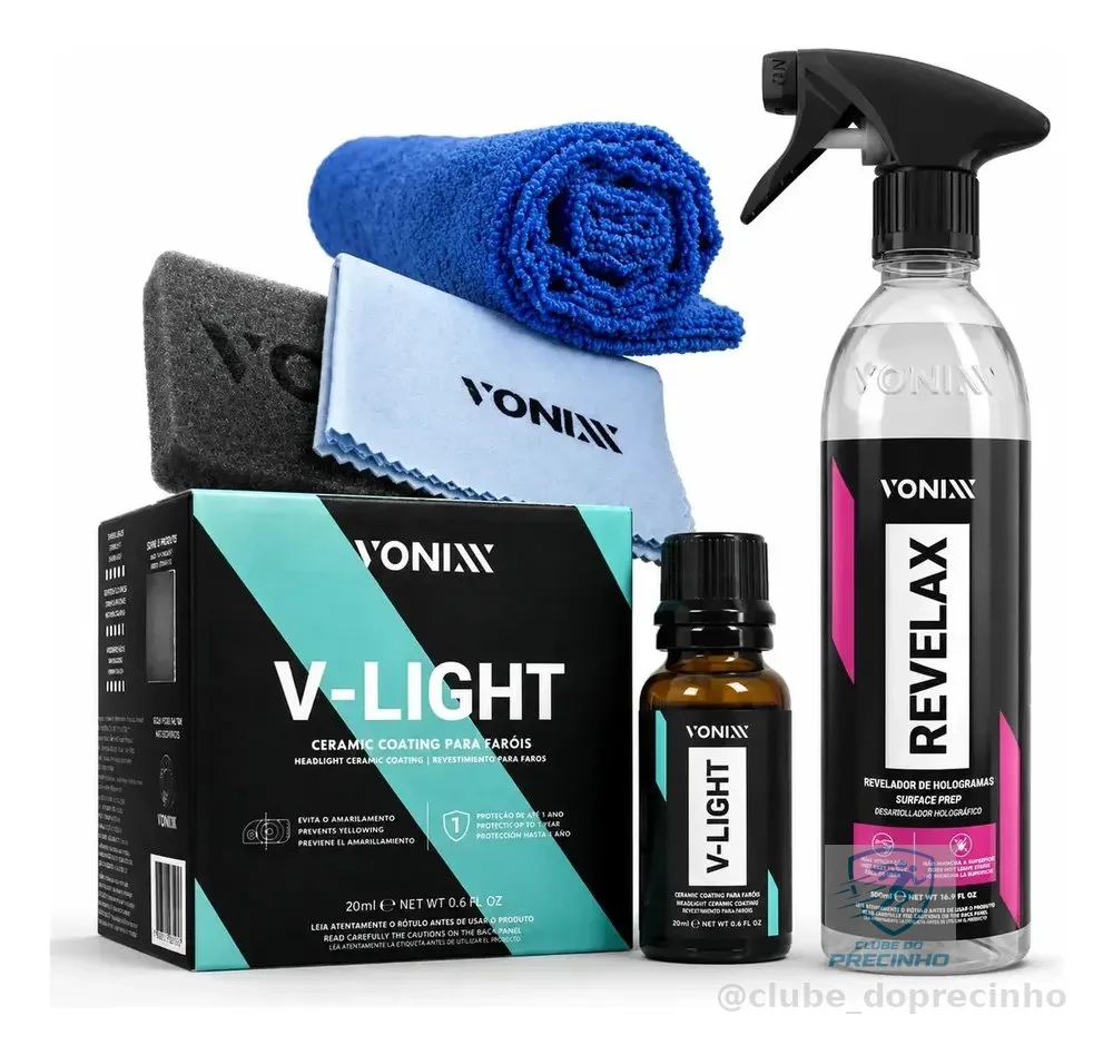 Vitrificador de Faróis Vonixx V-Light 20ml + Revelax Limpeza e Proteção