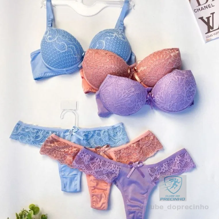 Conjunto de Renda Calcinha Fio Duplo Sutiã Bojo em Renda Alça Regulável Lingerie Feminina Promoção
