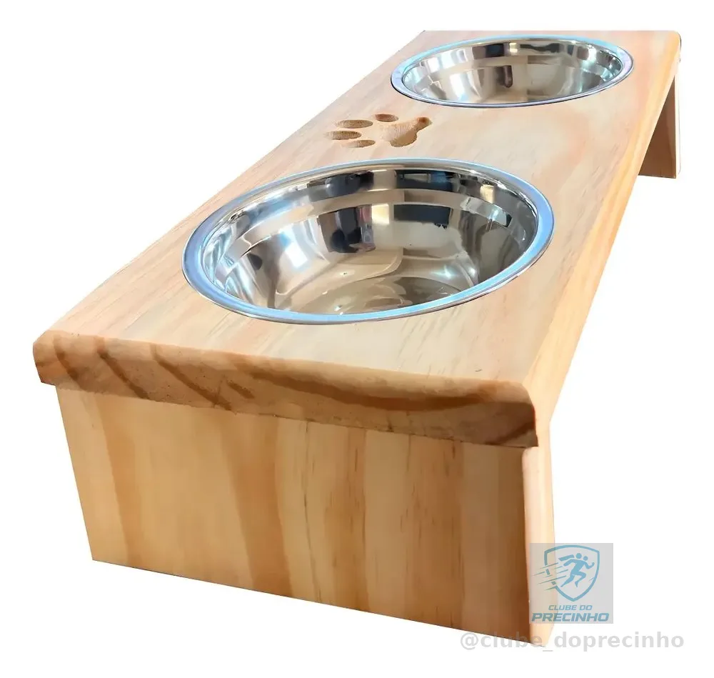 Comedouro P/ Gato Cachorro Pet Elevado Duplo 2 Potes Madeira Cor Marrom-claro