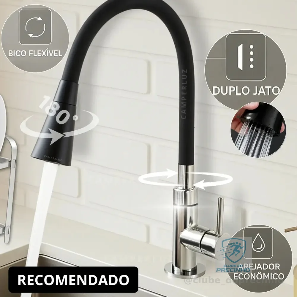 Torneira Gourmet Luxo Flexível Cozinha Bancada 2 Jatos Pia Cor Preto - Marca Camperluz