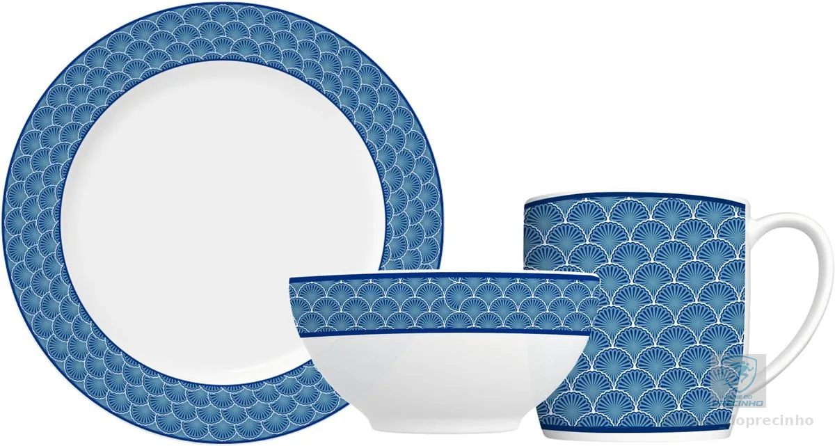 Jogo de lanche em porcelana, modelo Capri, Urban, Aura Azul, 12 peças, Germer, Branco com detalhes em azul