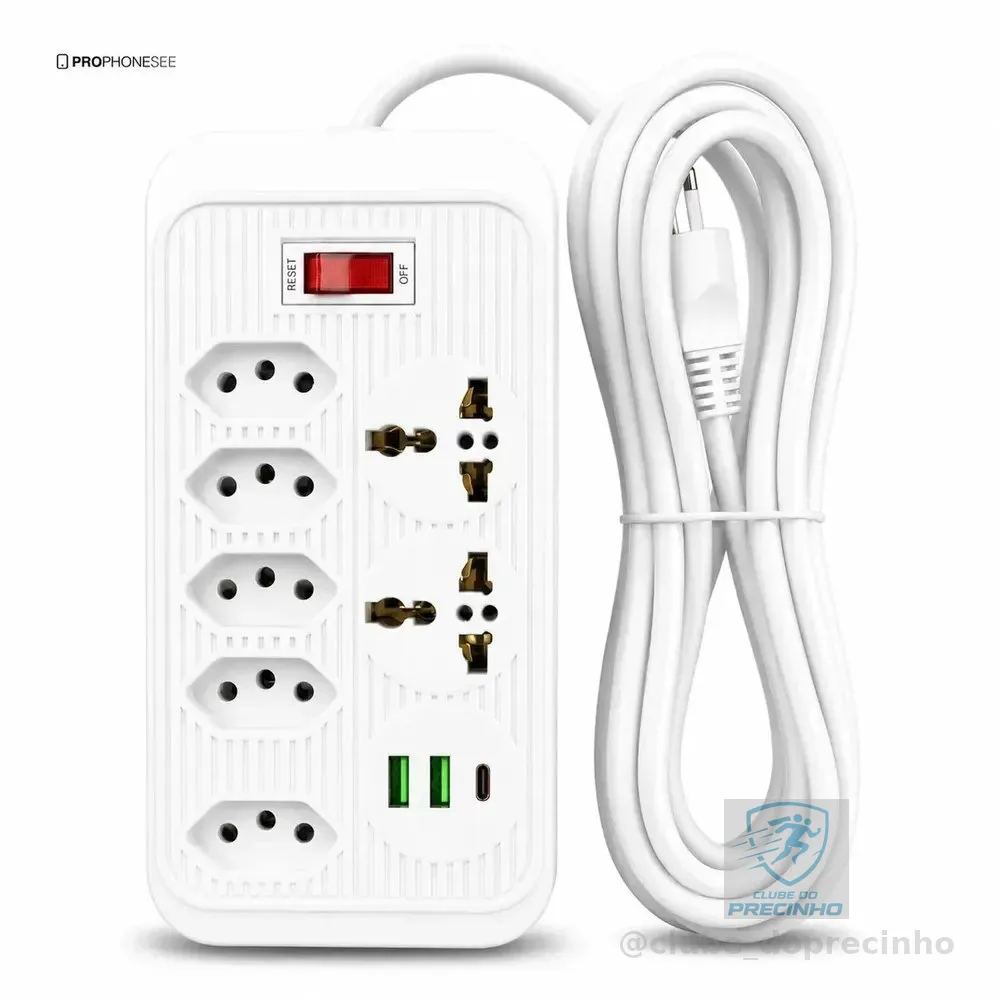 Extensão Elétrica 5 Tomadas 2 USB 1 Tipo C Pd Filtro de Linha com Proteção de Sobrecarga Tomada Universal Tripolar Cabo 5 metro Régua Energia Com Interruptor De Segurança Protetor De Surto Bivolt