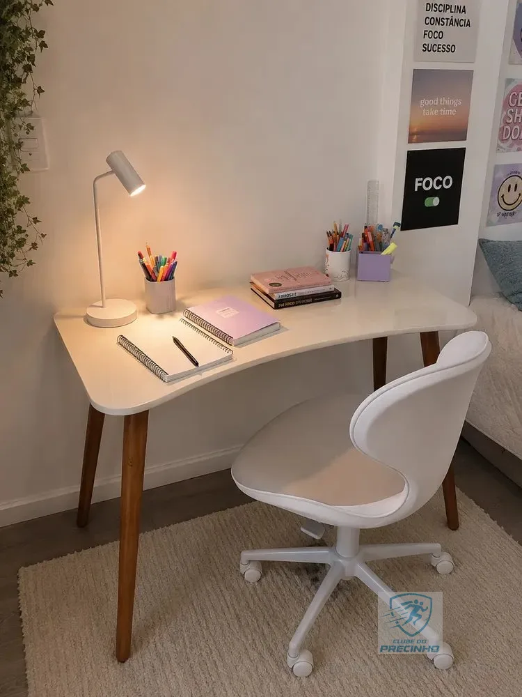 Escrivaninha Mesa Estudo Aparador Office Mdf Pés Madeira Off White