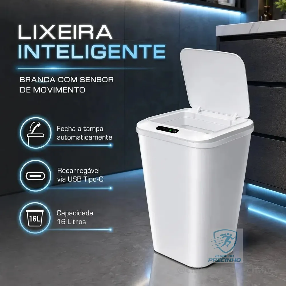 Lixeira Inteligente Automática Branca Universal Com Sensor Recarregável Earman Company Anti Odor 16l Recarregável Usb