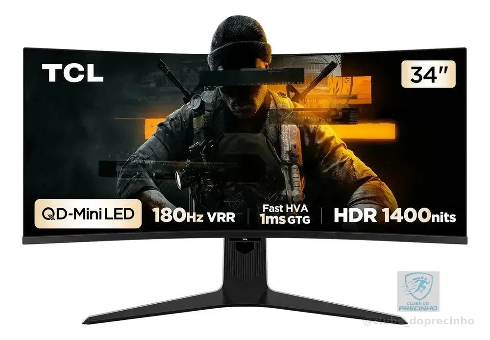 Monitor Gamer Curvo TCL 34 Polegadas QLED Mini LED WQHD R83Q 180Hz 1ms (GtG) HDR 1400 nits 34R83Q