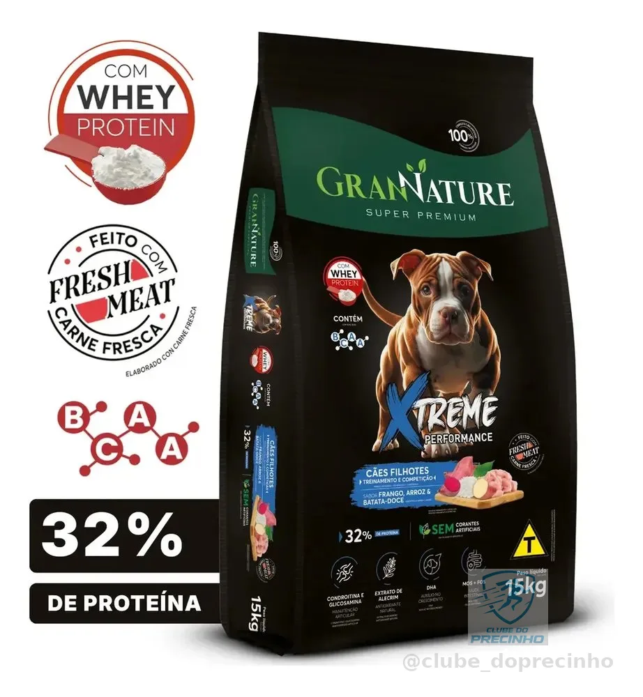 Ração Whey Protein Grannature Xtreme Alta Performance 32% Proteína para Cães Filhote raças Médio E Grande Porte Alimento Seco Sabor Frango Super Premium Com Bcaa Sem Corantes Saúde Articular 15kg