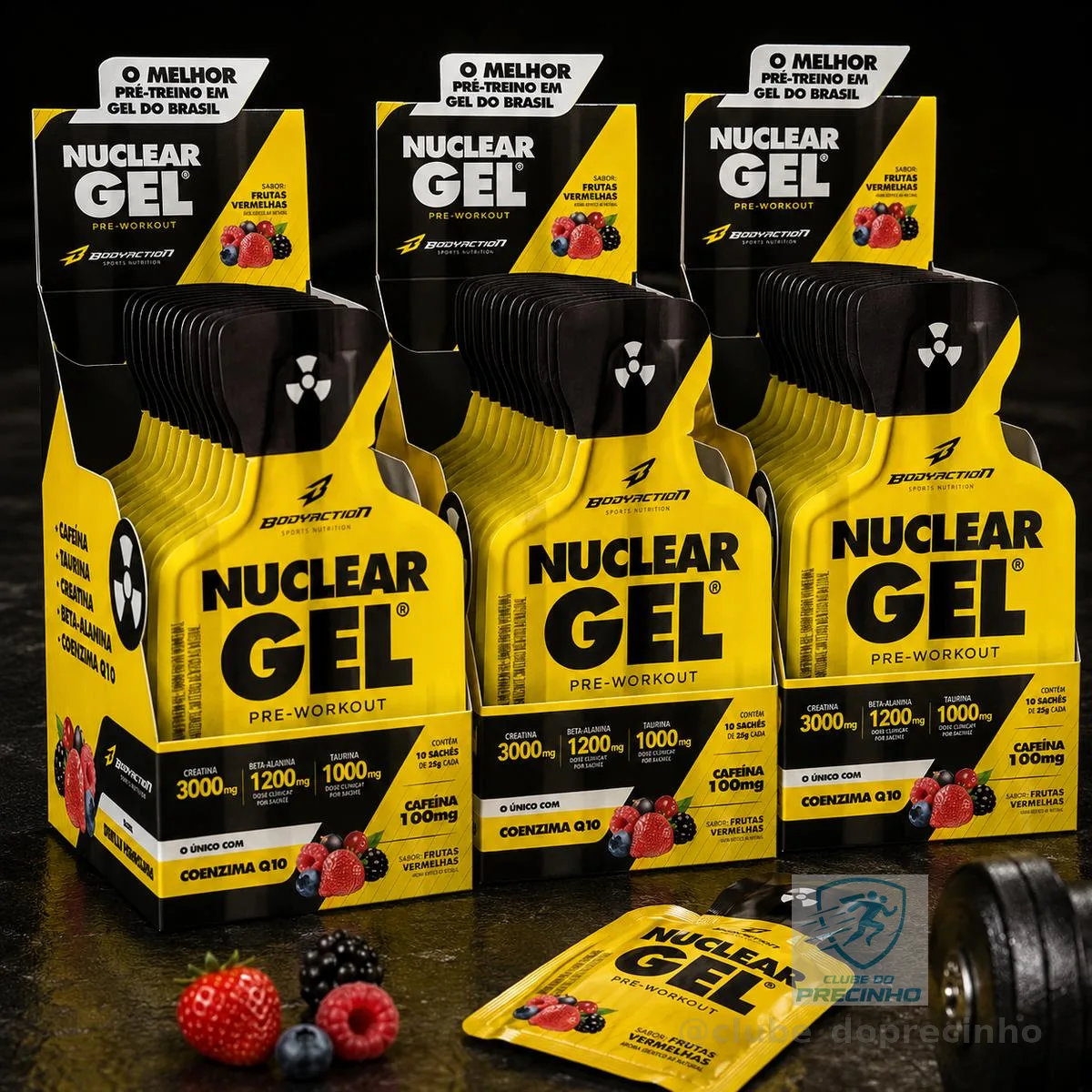 Kit 3x Pre Treino Nuclear Rush Gel - 30 Sachês Bodyaction Sabor Frutas Vermelhas