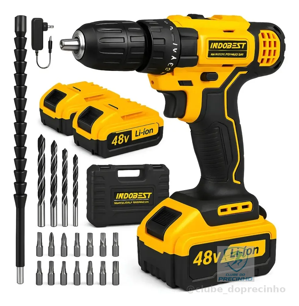 Parafusadeira Furadeira 48V Profissional Sem Fio Com 2 Baterias Recarregáveis Maleta 10mm Reversível Kit Brocas Soquetes Carregador340w 1550 Rpm Cor Amarelo Bivolt