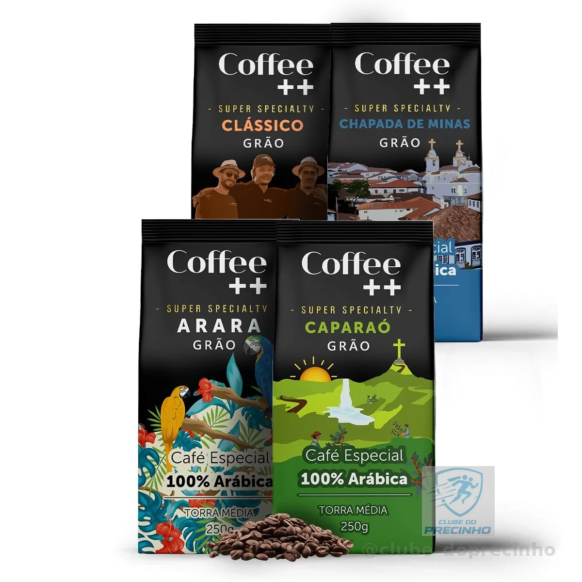 Kit 4 Pacotes Café Especial em Grãos Coffee Mais Variedades: Arara, Caparaó, Chapada de Minas e Clássico - 100% Arábica (4x250g)