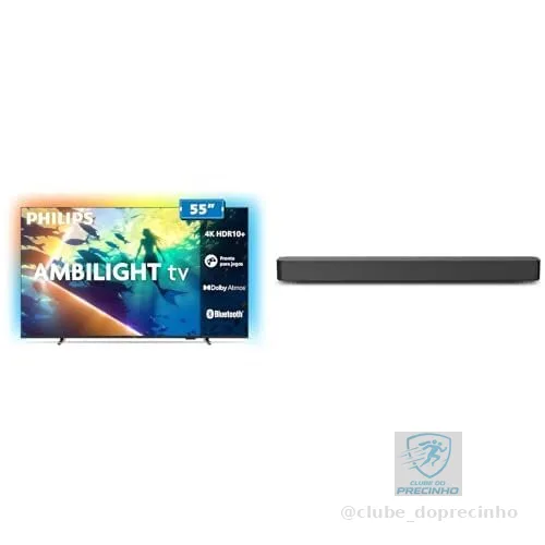 Philips Smart TV Ambilight 55" 4K, 55PUG8100/78 + Soundbar TAB4000, Aparelho de Áudio para TV, Bluetooth, HDMI ARC e USB