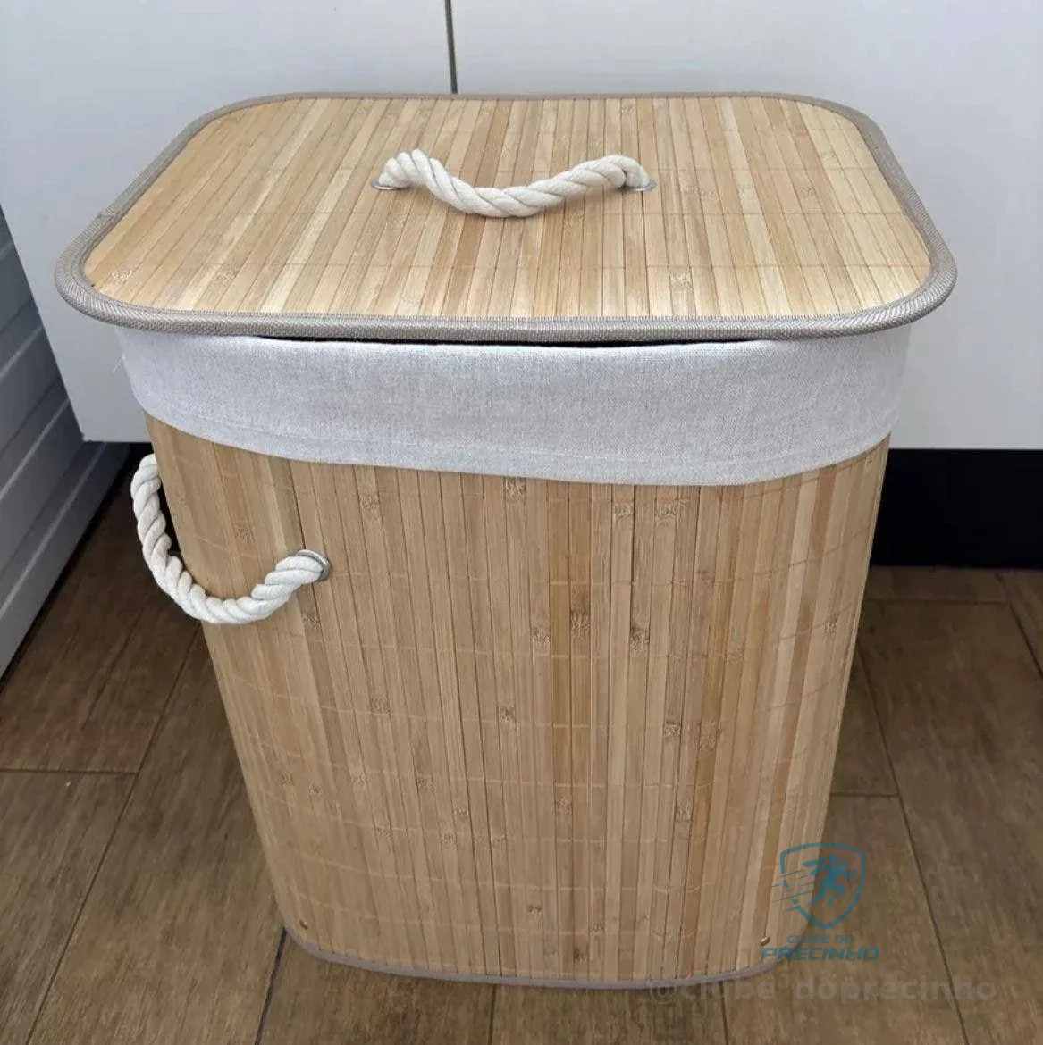 Cesto De Roupa Suja De Bambu Com Tampa E Alças 50 Litros Kontuz Natural