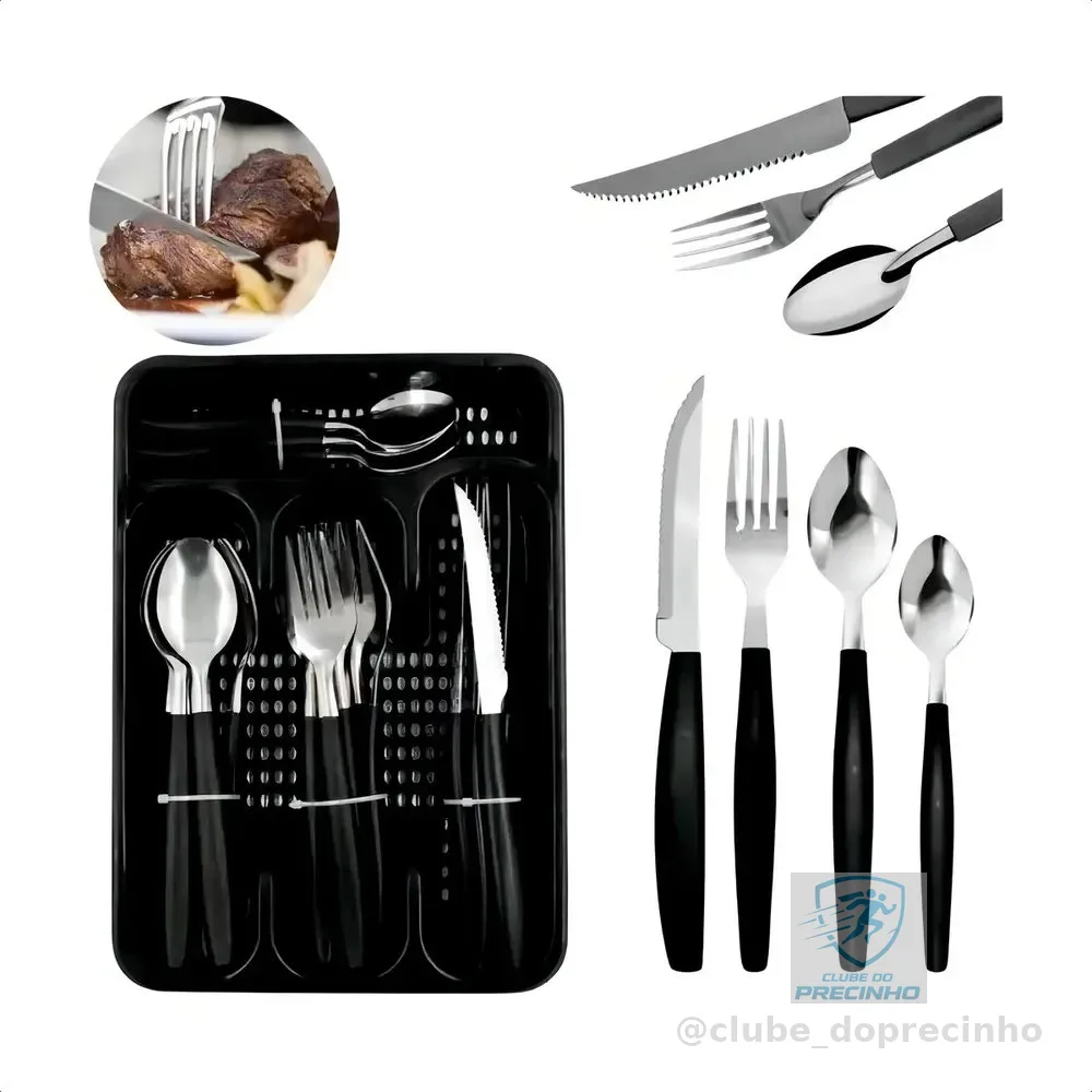 Kit Talheres 25 Pecas Porta Talher Luxo Premium Cor Preto Ke home Colher de Sopa Garfo Faca e Colher de Sobremesa