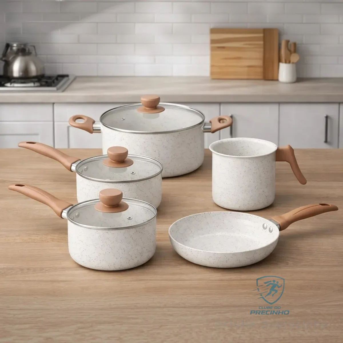 Jogo De Panelas 5 Peças 3mm Revestimento Cerâmico Creme Para Fogão Indução E Tradicional Antiaderente Tampa De Vidro Com Caçarola