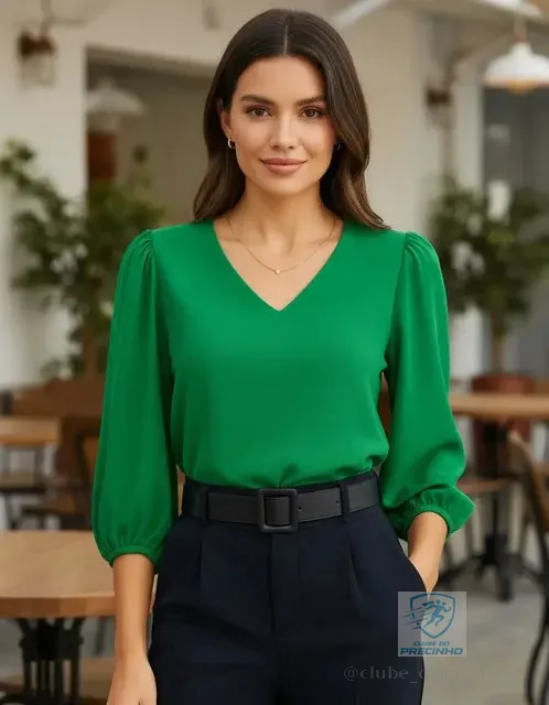 Blusa Feminina Manga Bufante 3/4 Gola V Crepe Alfaiataria
