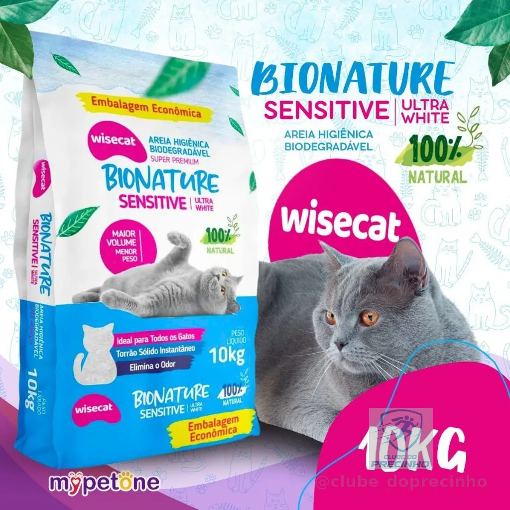 Areia Biodegradável Bionature 10kg Sensitive Sanitária Premium Para Gatos Wisecat