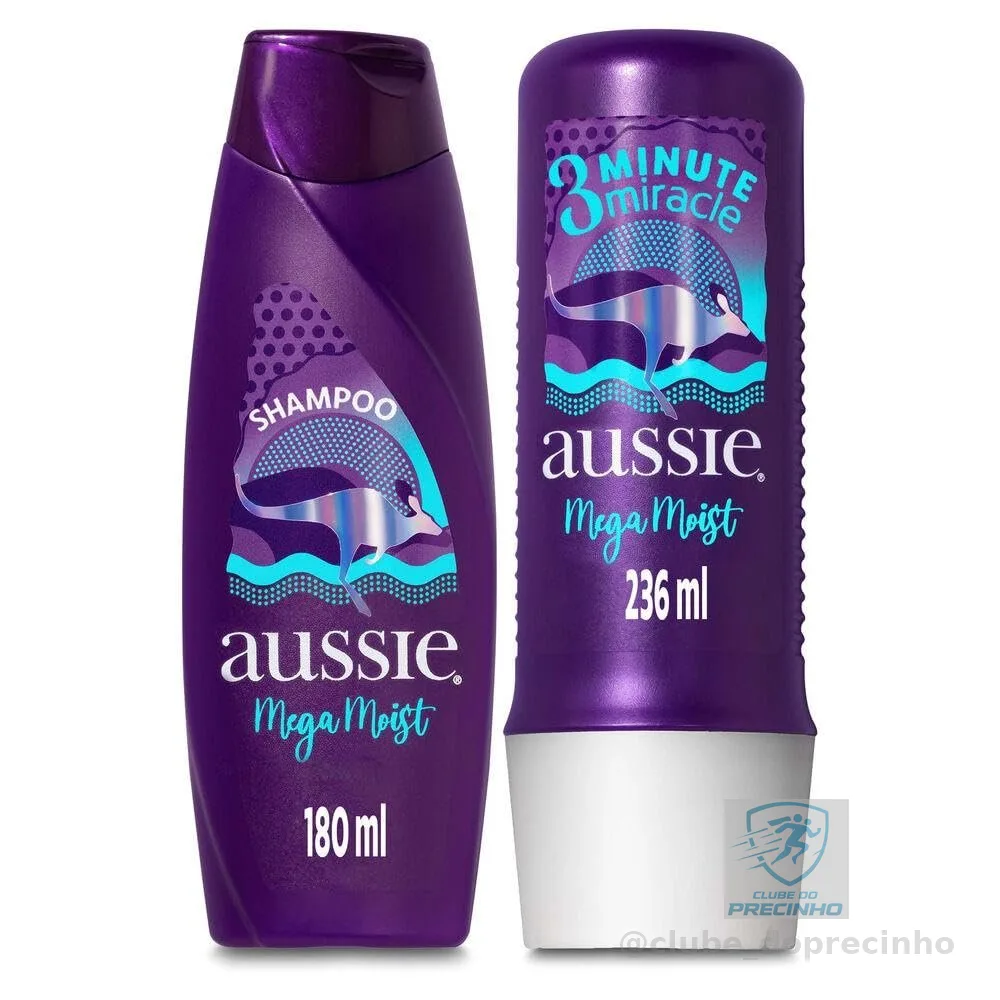 Kit Aussie Mega Moist Super Hidratação Shampoo 180Ml e 3 Minutos Milagrosos 236Ml, Aussie, Roxo
