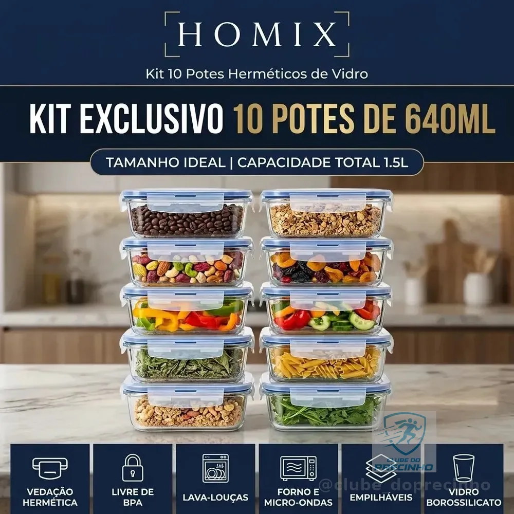 Conjunto 10 Potes 640ml Vidro Hermético 4 Travas Marmita Universo Mix