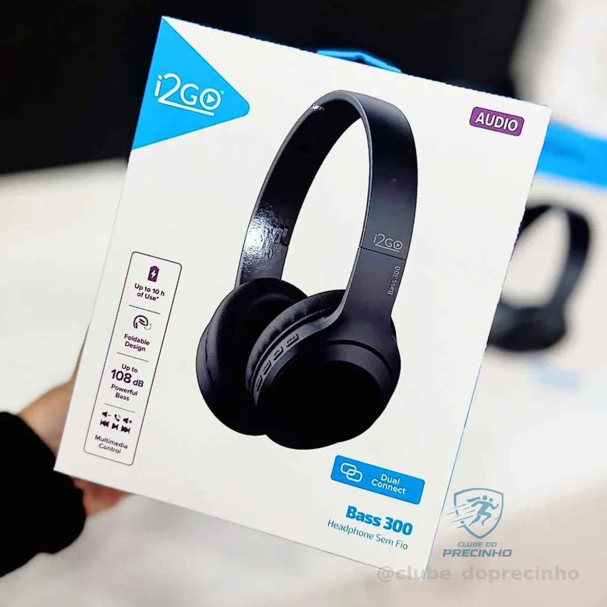 I2GO, Headphone Bass 300, Bluetooth, Microfone Integrado, Controle Multimídia, Até 10h de bateria, Tecnologia Dual Connect, Entrada cabo auxiliar P2 (incluso), Dobrável, Preto