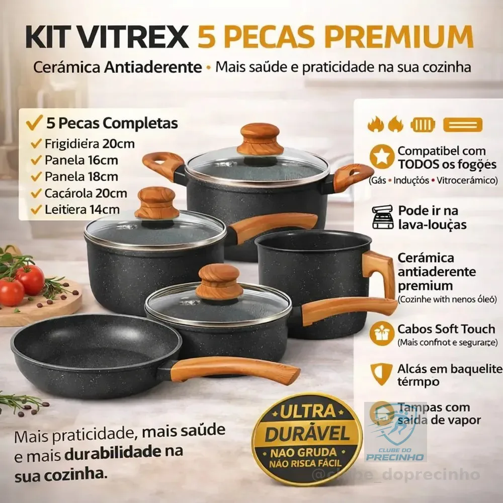 Jogo De Panelas Cerâmico Triplo Indução Vitrex Ecoglid 5 Peças Cor Preto Granito