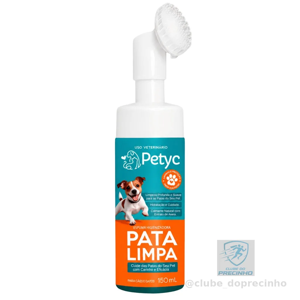 Limpa Patas Petyc 150ml Cães Gatos Espuma Higienizadora Sem Enxágue Escova Massageadora Hipoalergênico Aloe Vera