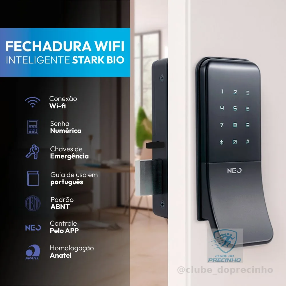 Fechadura inteligente Eletrônica Stark Digital Sobrepor Biometria Senha Tag Wi-fi Preto Neo Avant