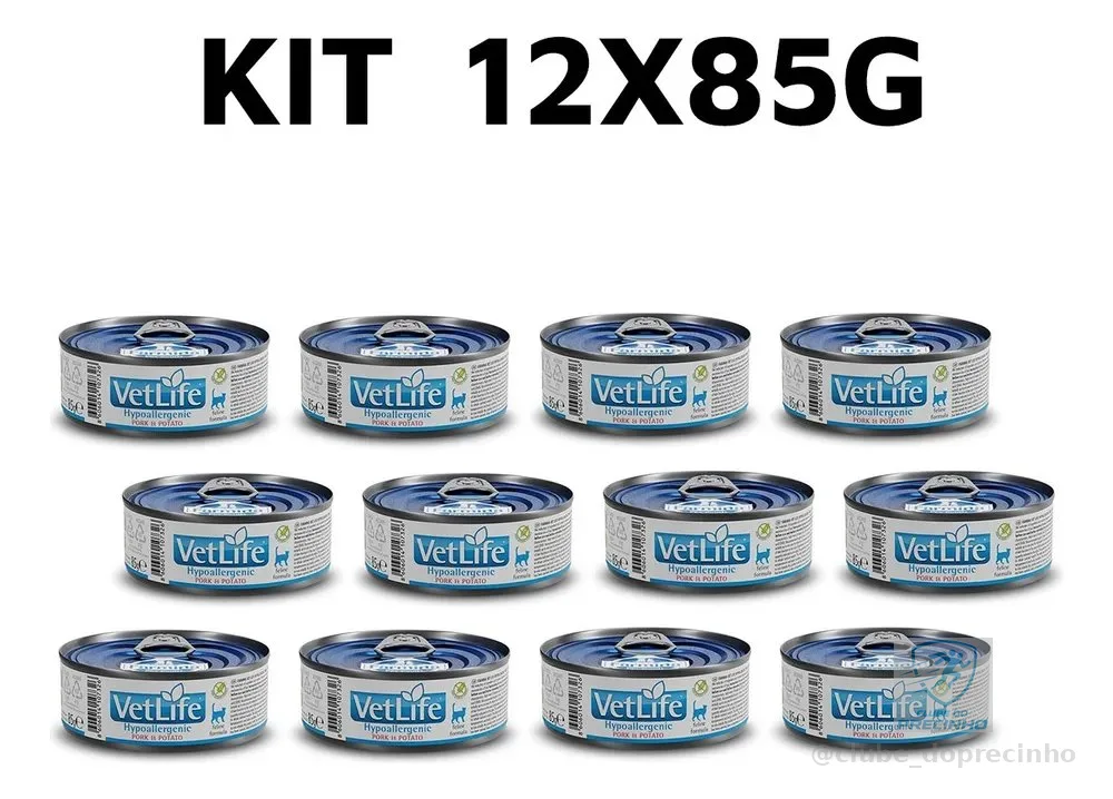 Kit C/12x85g Latas Vetlife Feline Hypoallergenic Pork Potato