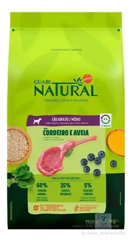 Ração P/ Cães Raça Média Sabor Cordeiro 12kg Guabi Natural