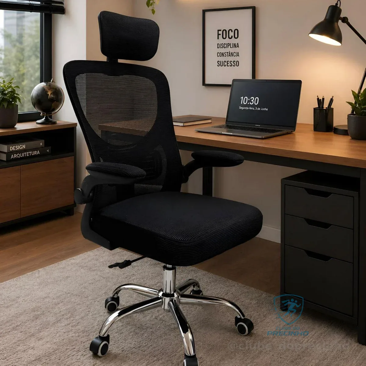 Cadeira Escritório Business Ajuste Lombar Encosto De Cabeça Preto Malha