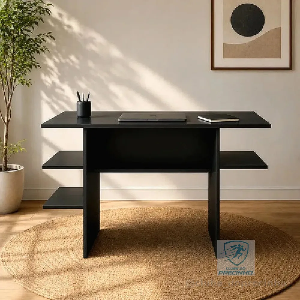 Mesa De Estudo Em Mdp Para Notebook Com Nichos E Prateleiras Preto