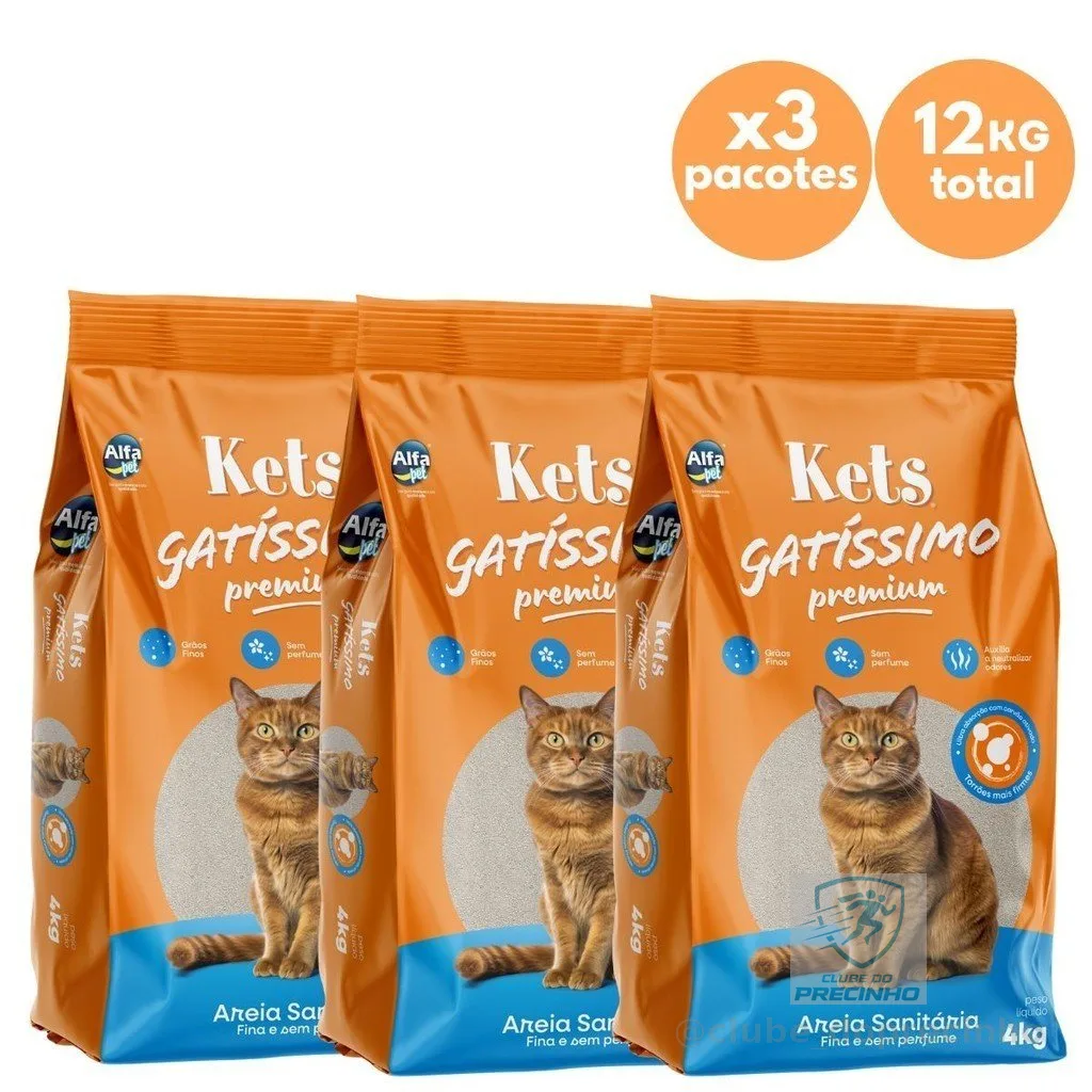 Areia Sanitária Premium Kets Gatissimo 12kg para Gatos Kit 3 pacotes com 4 Kg
