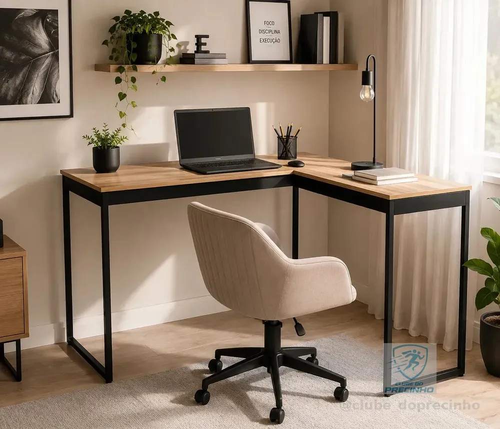 Mesa Escrivaninha Em L Industrial Preta Setup Multiuso Madeira E Mel