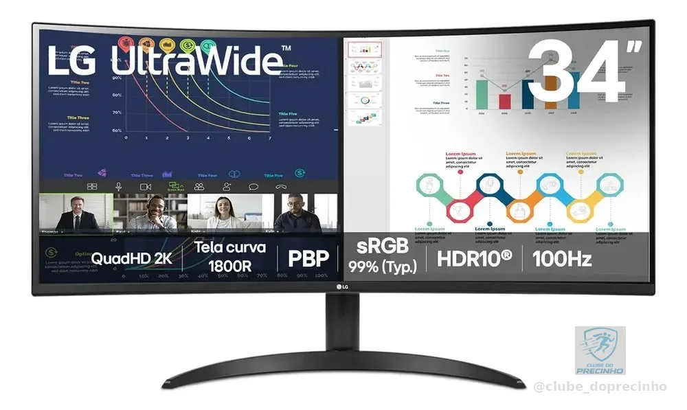 Monitor LG UltraWide Curvo, QuadHD 2K de 34”, PBP, sRGB 99%, HDR10, 100Hz, Preto - 34WR50QK-B