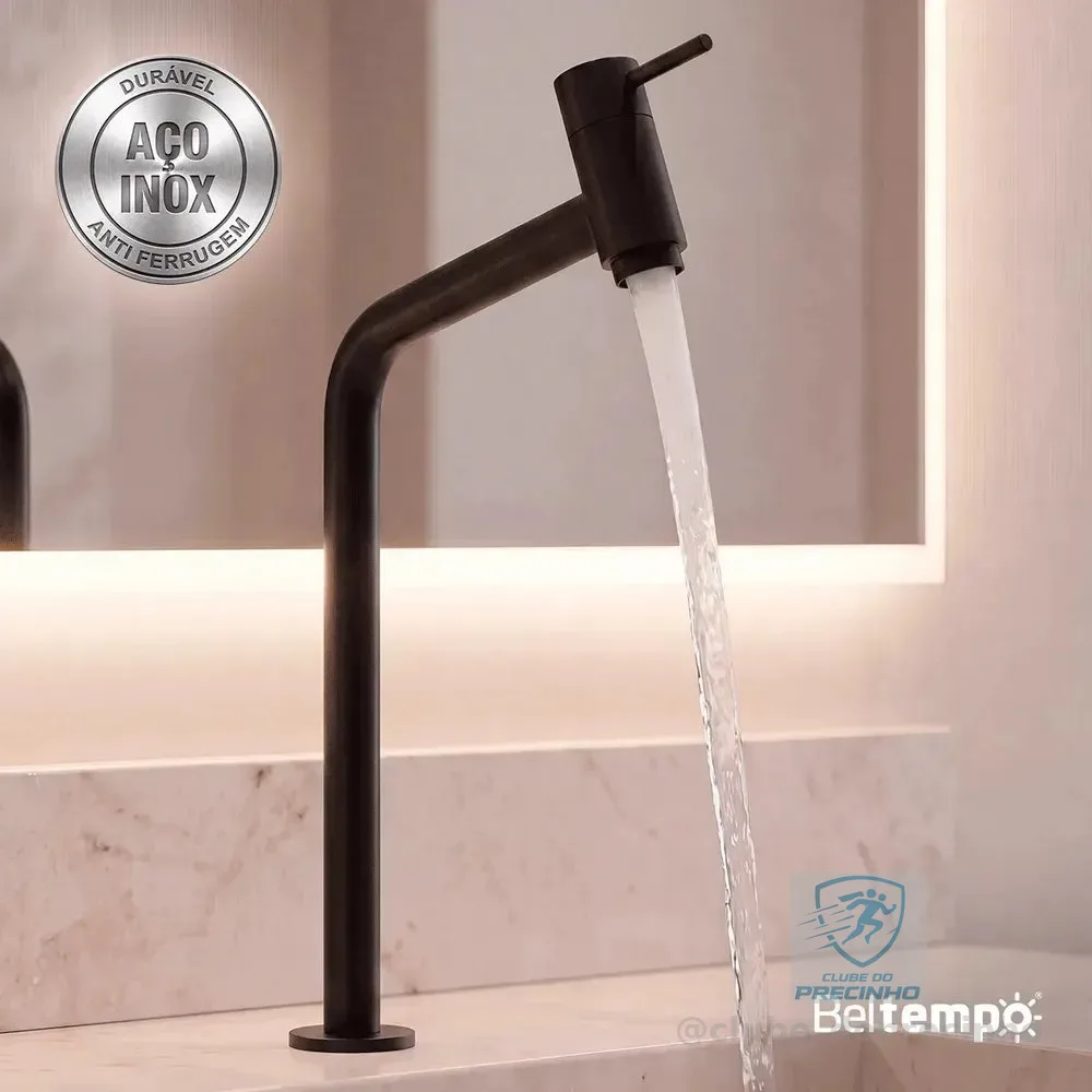 Torneira Banheiro Lavabo Bica Alta Bancada Inox Preto Fosco Link 45° Beltempo